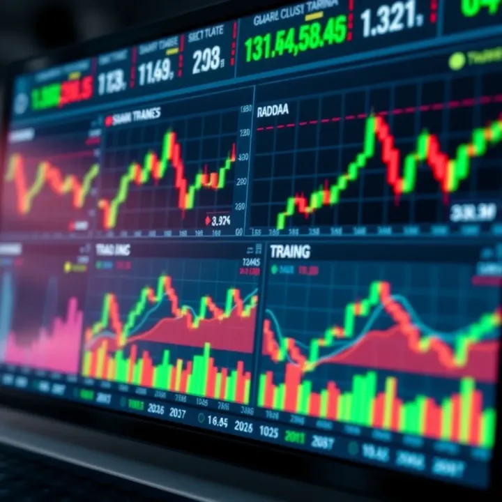 Dashboard view of a trading platform showing various financial asset charts and indicators