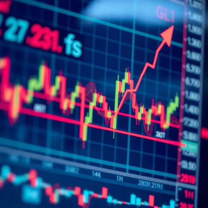 Graph showing upward trend and binary options trading indicators
