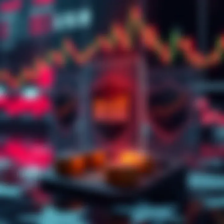 Illustration of risk management and strategy planning in financial trading with symbols of charts and shields