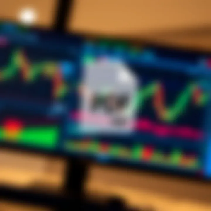 PDF document icon overlaying a digital screen showing trading graphs and analysis tools