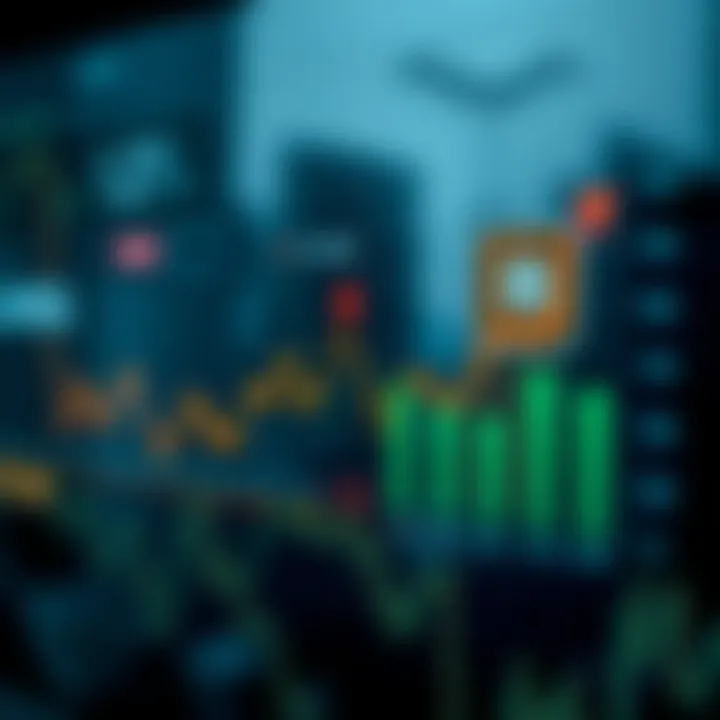 Graphic showing various economic indicators with arrows and symbols indicating market trends and analysis