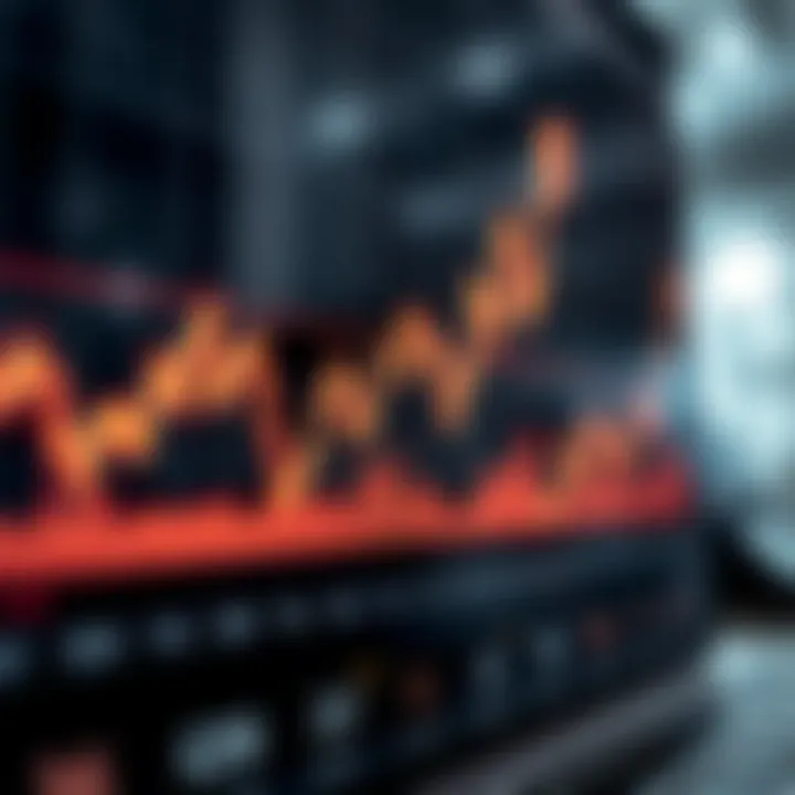 Graph showing upward and downward trends with currency symbols and financial charts