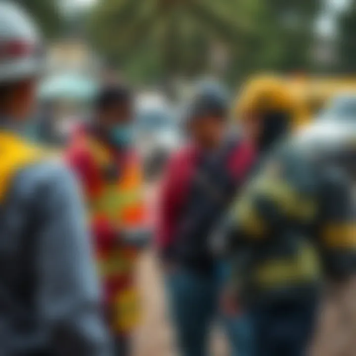 Community members and emergency responders collaborating during a disaster preparedness drill outdoors