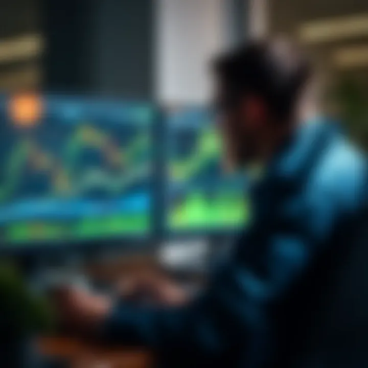 Illustration of a person analyzing financial charts and graphs on a computer screen