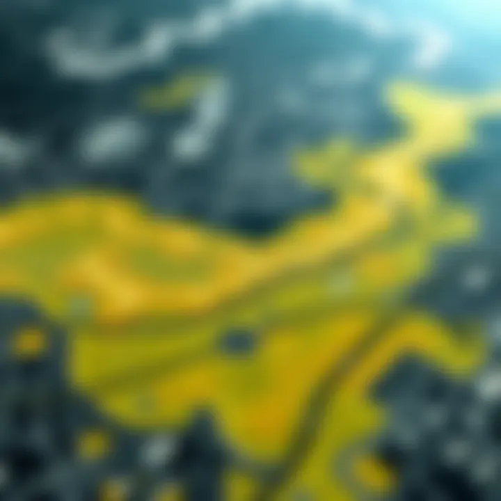 Satellite view showing flood risk areas in urban and rural regions