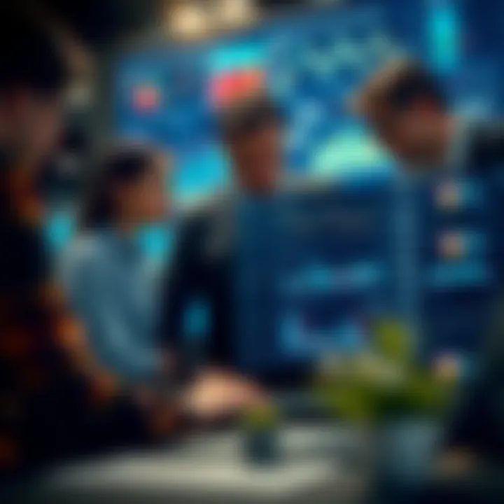 Business team analyzing risk management charts and data on a digital screen