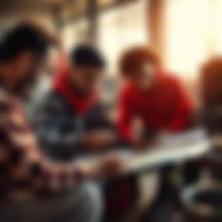 Community members collaborating on emergency response strategy using maps and communication devices