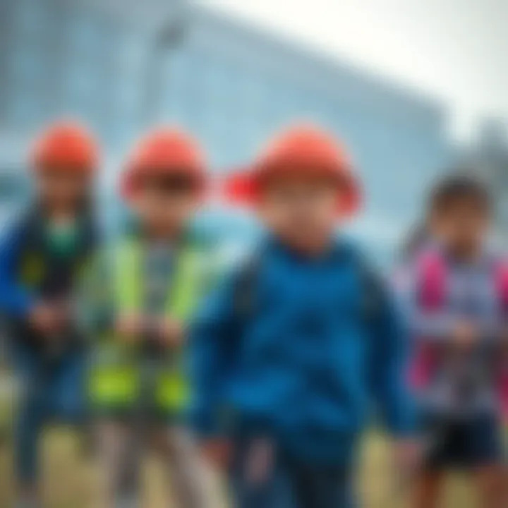 Children participating in a supervised outdoor safety drill activity