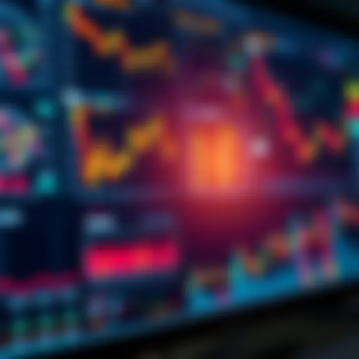 Collection of financial analysis tools including graphs, indicators, and trend lines on a digital screen