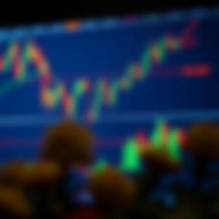 Candlestick chart showing price movements in a financial market with trend lines and volume indicators