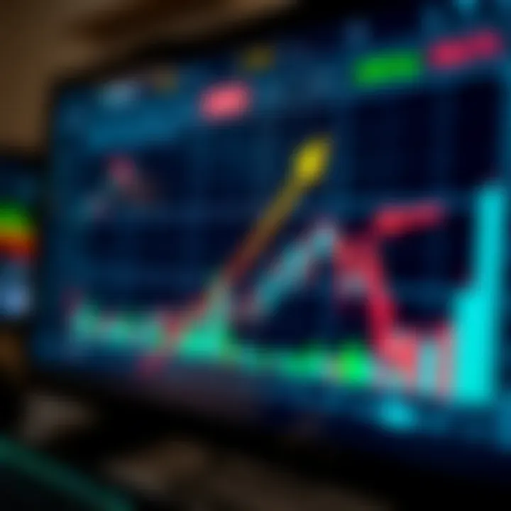 Graph showing binary options trading trends with rising and falling arrows on a digital screen