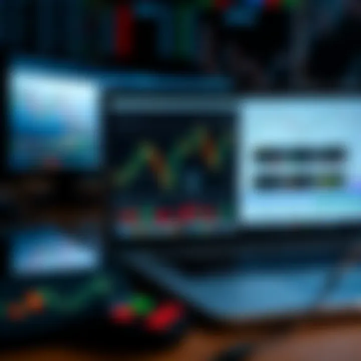 Collection of trading tools including laptop showing graphs, financial news, and analysis software