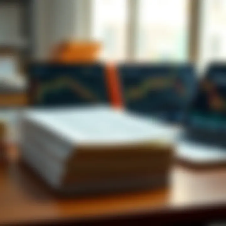 Collection of digital PDFs and printed trading books on a wooden desk with a laptop