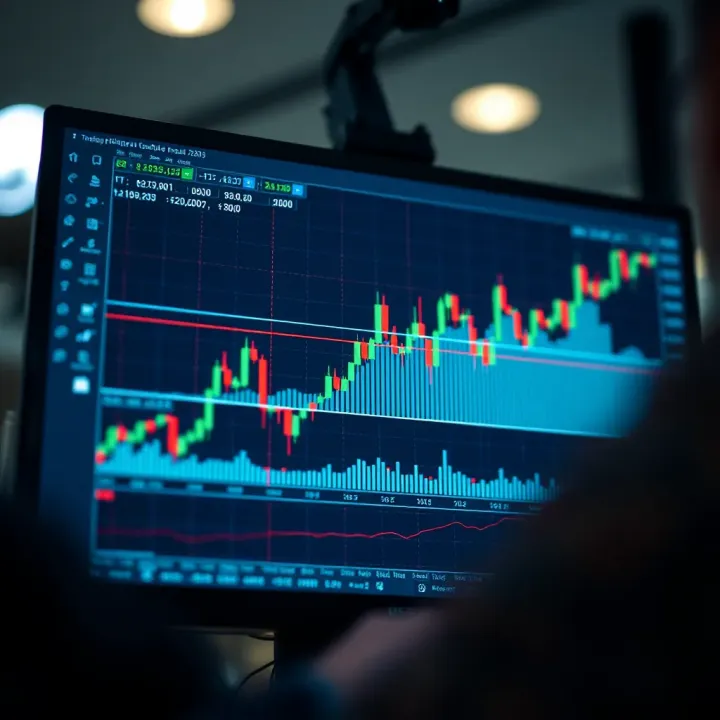 Chart displaying upward trend lines and trading indicators on a digital screen