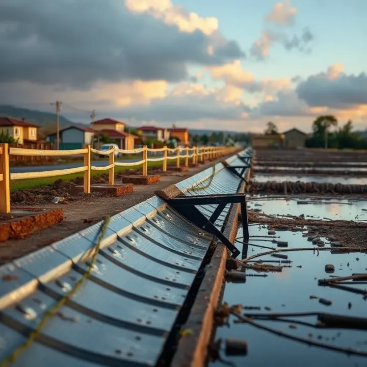 Illustration of climate change adaptation measures including flood barriers and sustainable land use