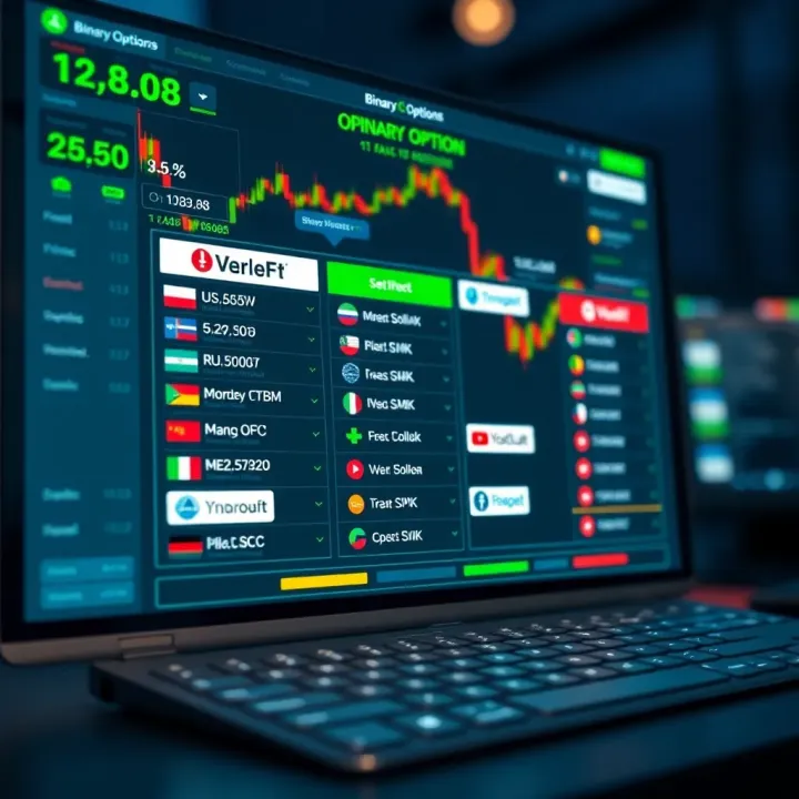 Illustration of a digital platform interface displaying various Colombian regulated brokers for binary options