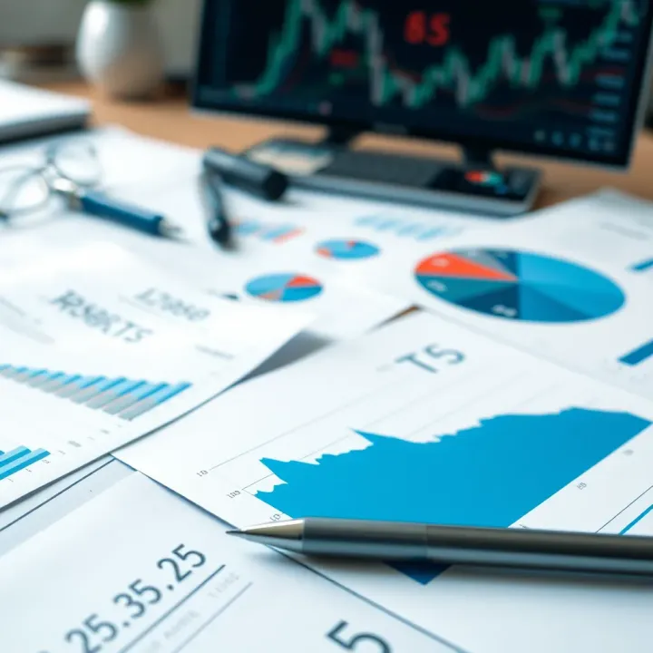 Fundamental Analysis Data Overview Financial report documents and fundamental data analytics on a desk