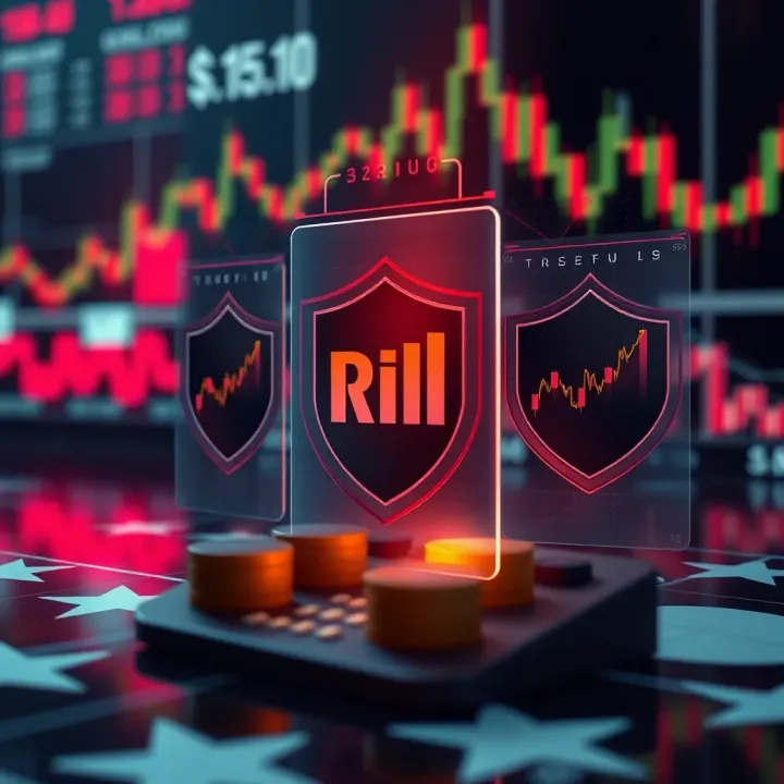 Illustration of risk management and strategy planning in financial trading with symbols of charts and shields