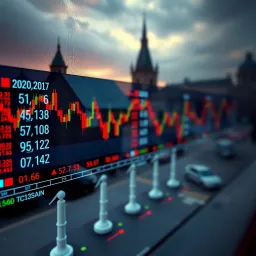Digital chart showing currency exchange rates with European landmarks in the background