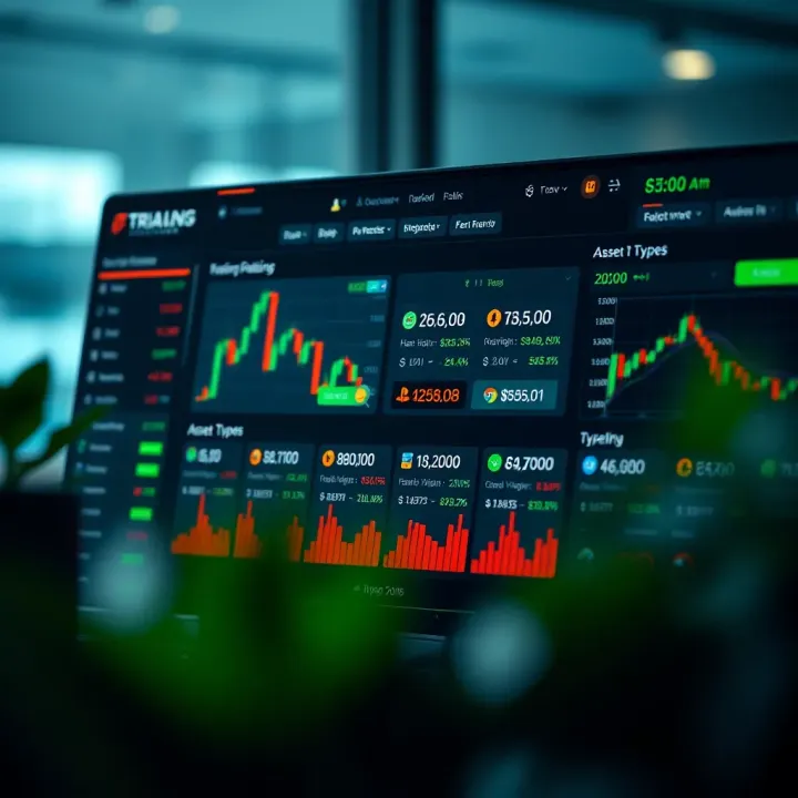 Dashboard showing various trading platform features and asset options