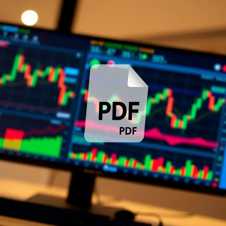 PDF document icon overlaying a digital screen showing trading graphs and analysis tools
