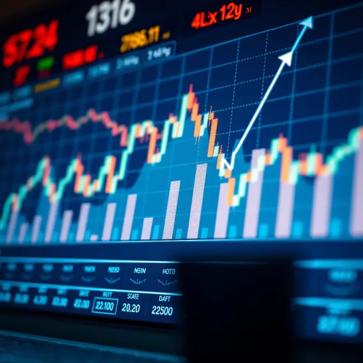 Chart showing upward trend with candlestick patterns and financial indicators