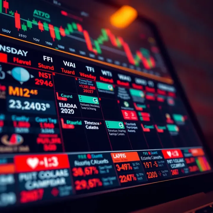 Calendar highlighting important economic events with financial charts in the background