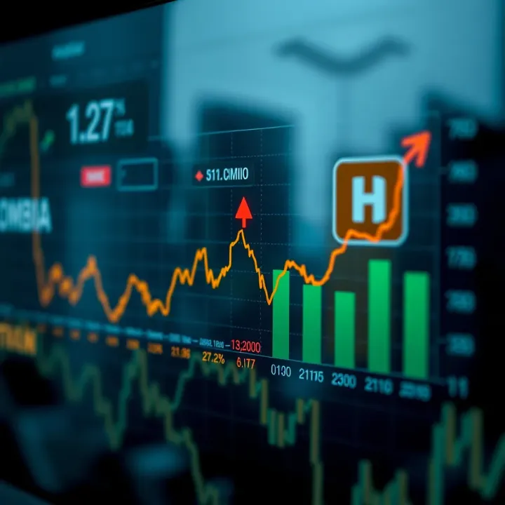 Visualization of Economic Indicators and Market Trends in Colombia Graphic showing various economic indicators with arrows and symbols indicating market trends and analysis