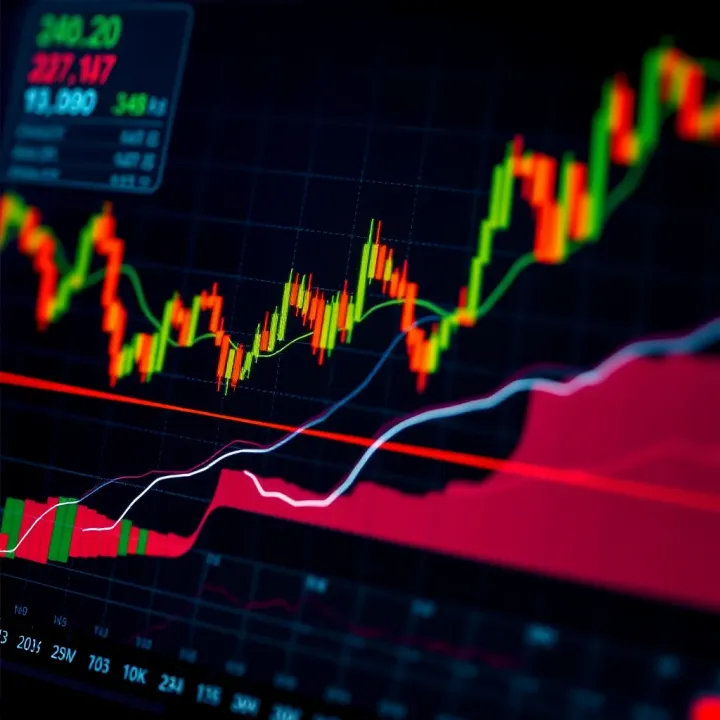 Financial chart illustrating volume and price trends with technical indicators