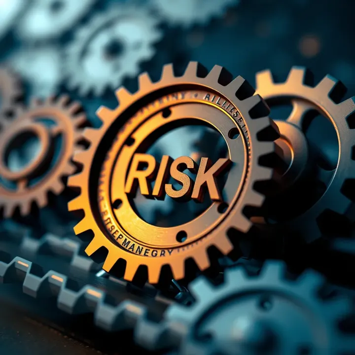 Financial risk management concept with interconnected gears representing stability and growth