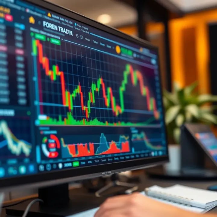 Illustration of Forex trading strategies and tips shown on a computer screen with charts and graphs