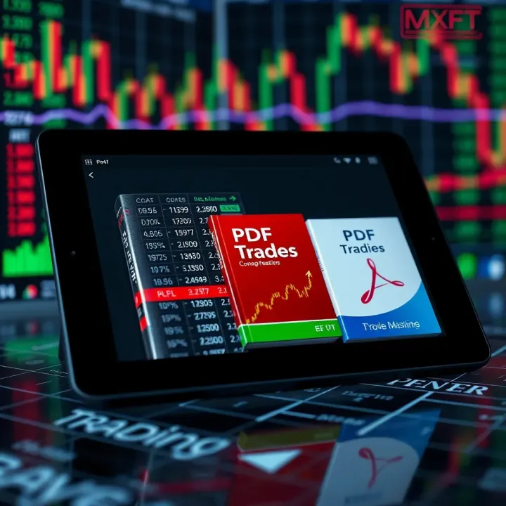 Collection of free Forex trading books in PDF format displayed on a digital tablet with a background of currency charts