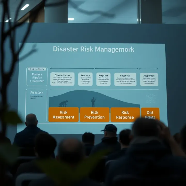 Illustration of a disaster risk management framework showing risk assessment, prevention, and response phases