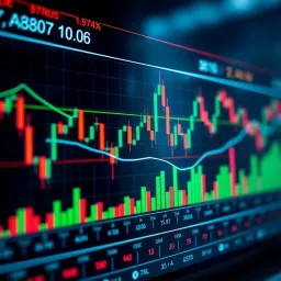 Graph illustrating binary options trading with candlestick patterns and market indicators