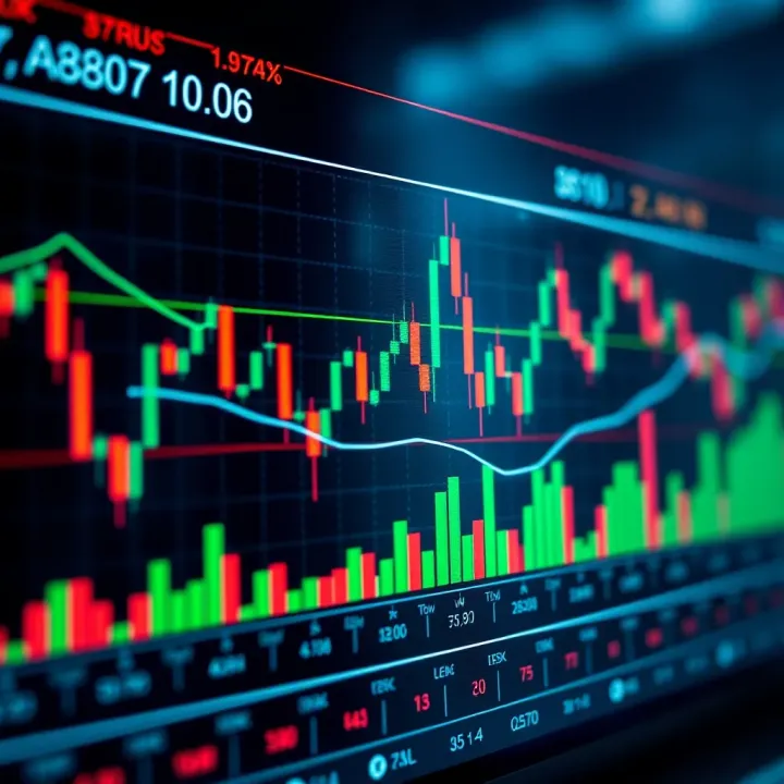 Graph illustrating binary options trading with candlestick patterns and market indicators