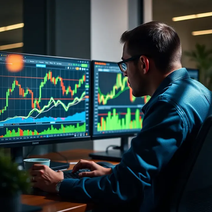 Illustration of a person analyzing financial charts and graphs on a computer screen