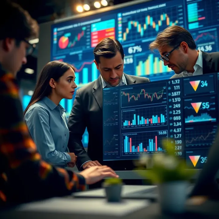 Business team analyzing risk management charts and data on a digital screen