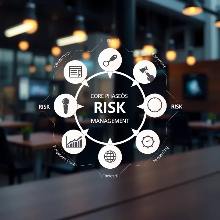 Diagram illustrating the main phases of risk management with icons representing identification, assessment, mitigation, and monitoring