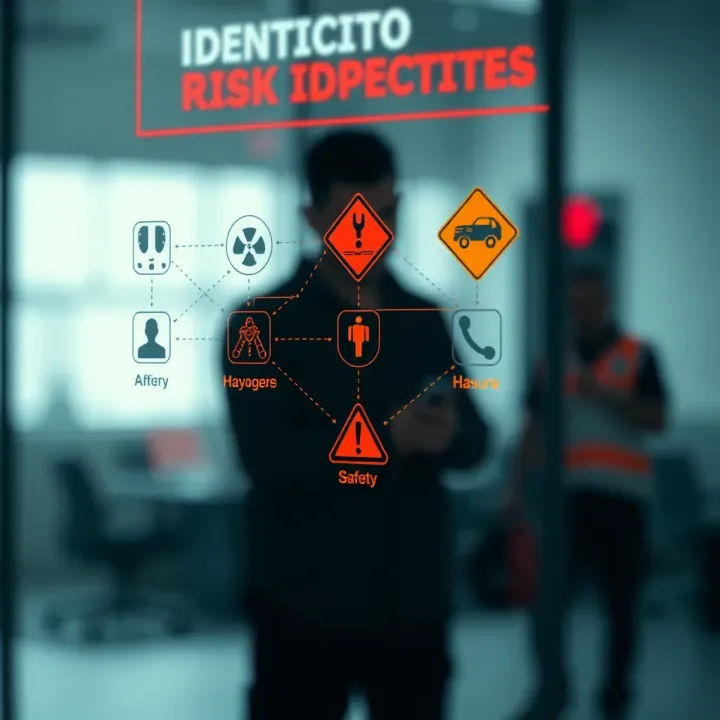 Visual diagram illustrating risk identification through interconnected symbols representing hazards and safety measures