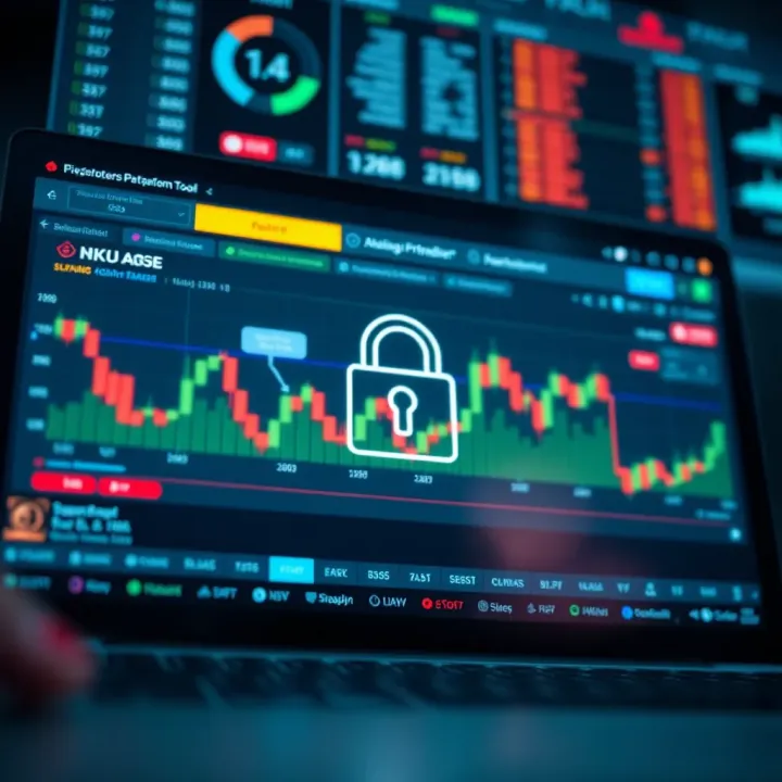 Secure online trading platform with lock symbol and financial tools on screen