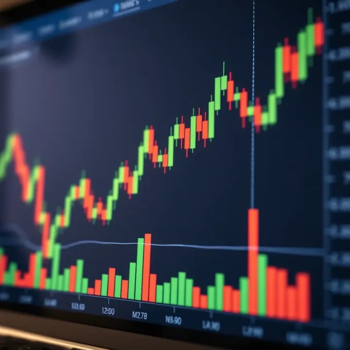 Chart displaying candlestick patterns with volume bars to analyze market trends