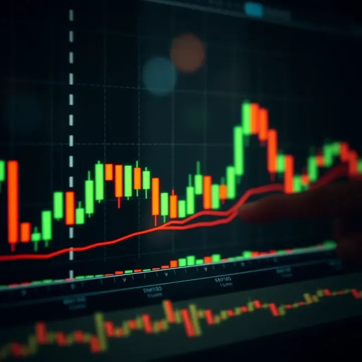 Graph with candlestick patterns and technical indicators used in investment decisions