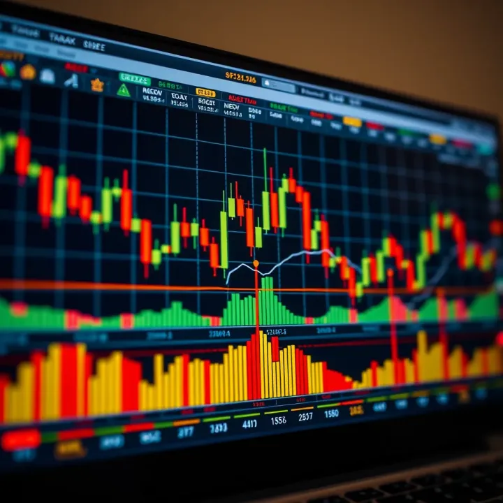 Chart displaying candlestick patterns and moving averages on a financial market graph