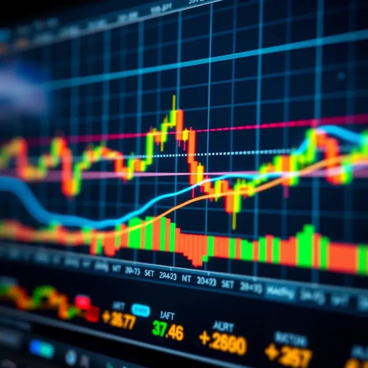 Financial chart displaying candlestick patterns and trend lines for market analysis