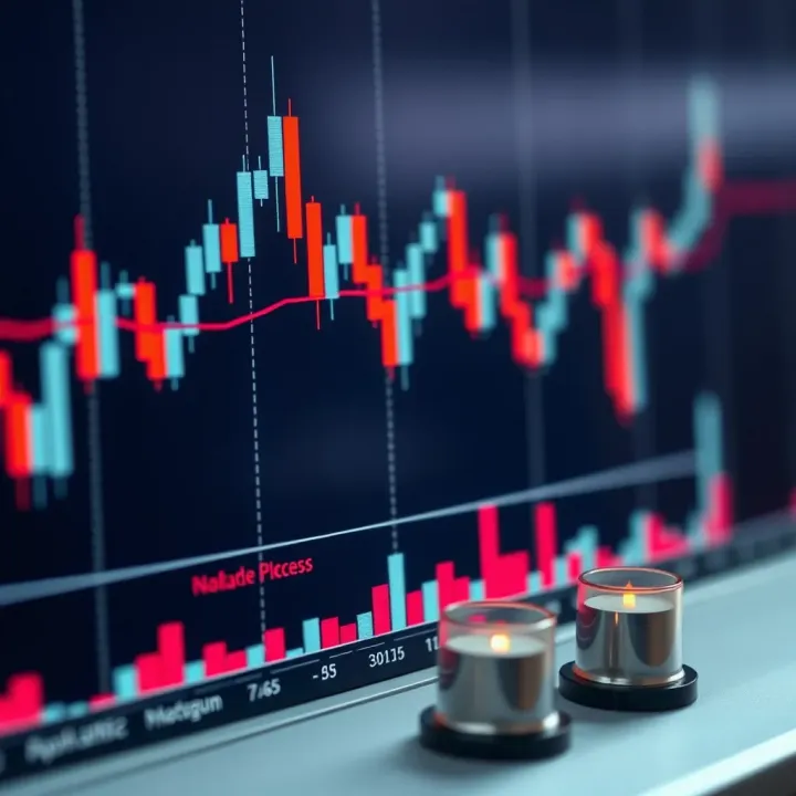Financial chart showing candlestick patterns and volume bars for market trend analysis
