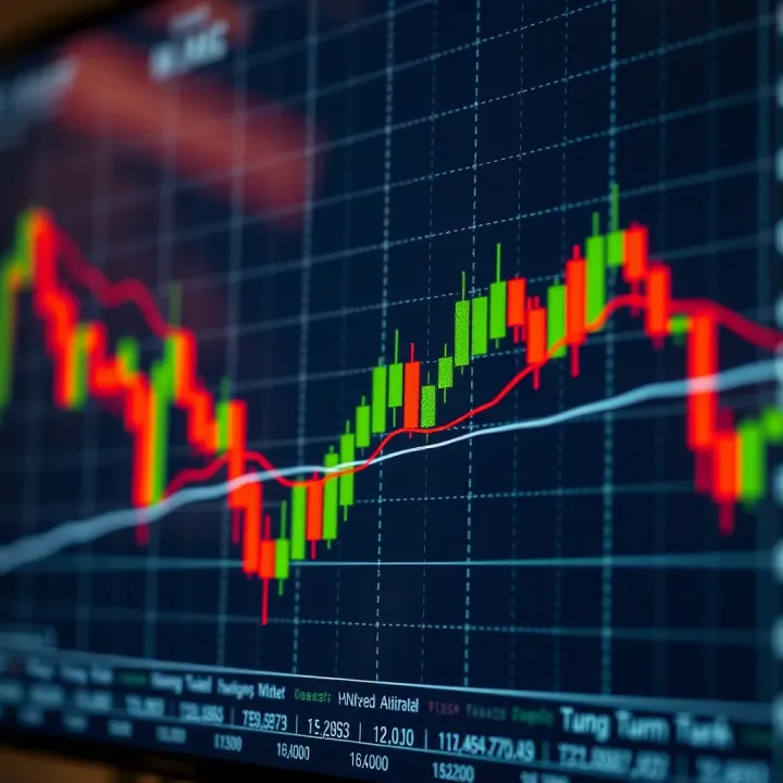 Chart displaying candlestick patterns and trend lines used in financial market analysis