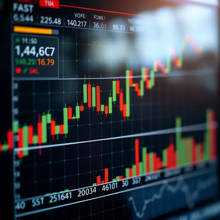 Graphical representation of technical indicators like moving averages and volume in stock market analysis