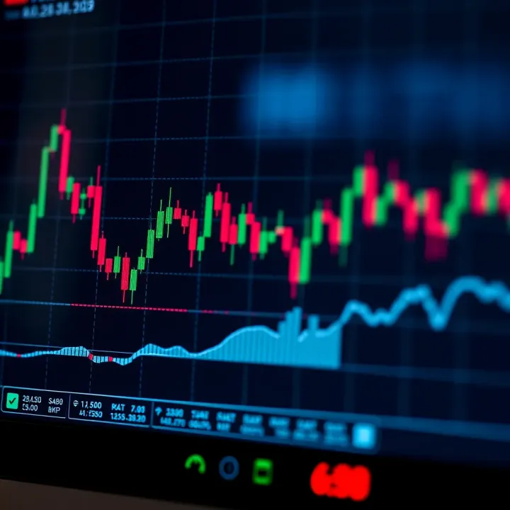 Chart illustrating upward and downward market trends with candlestick patterns