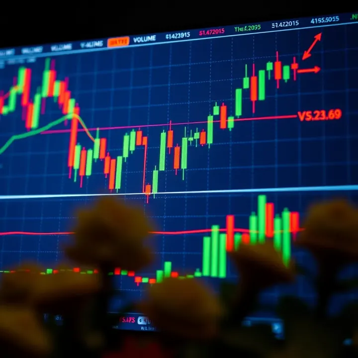 Candlestick chart showing price movements in a financial market with trend lines and volume indicators