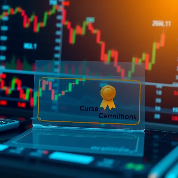 Financial Charts with Course Completion Certificate Illustration of financial charts and graphs with digital certificate overlay symbolizing completion of a trading course